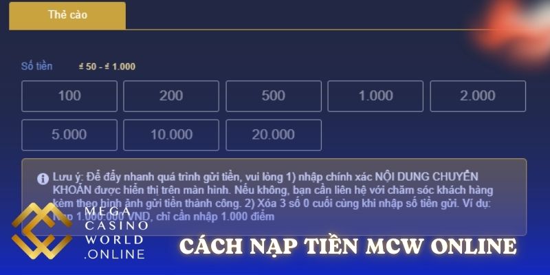 Cách nạp tiền MCW online